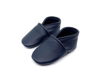 Classic Midnight Blue Leather 0-6 months Baby Booties Shoes Moccasins