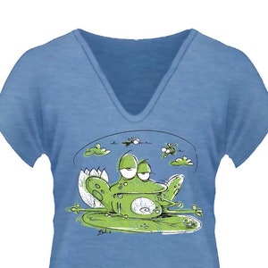 women&#39;s t-shirt, V-neck, blue, humorous distinctive original, vintage screenprint by master craftsman, punchy drawing front + back words.