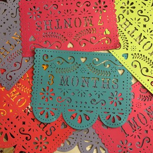 May include: A set of colorful paper banners with cut-out designs. The banners feature the words "3 Months", "Shilow", and "Month".
