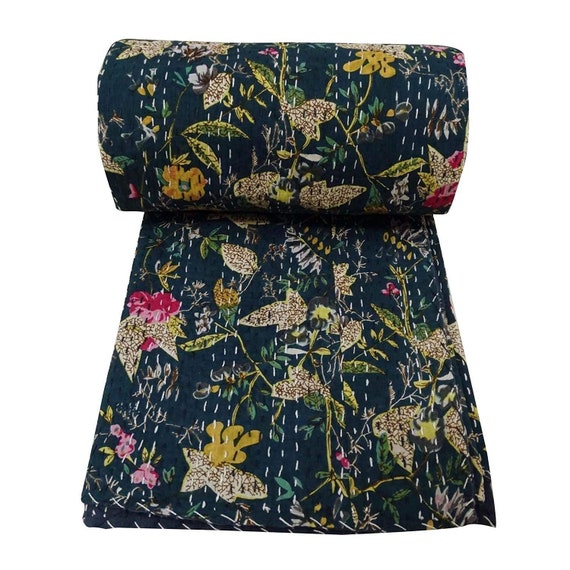 Vintage Kantha Stitch Blanket Bedding Reversible Patchwork Quilt Bedspread Throw