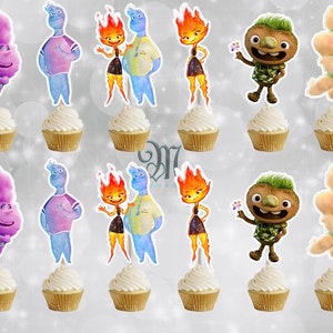 May include: A set of twelve cupcakes topped with paper character cutouts featuring figures from the movie Elemental, including Ember, Wade, Clod, and Gale. Each cupcake has white frosting and is arranged in two rows against a light background.
