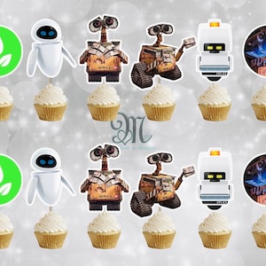 May include: Set of 10 cupcake toppers featuring characters from the animated film WALL-E. The toppers include WALL-E, EVE, and the robot captain. The toppers are printed on cardstock and attached to wooden skewers.
