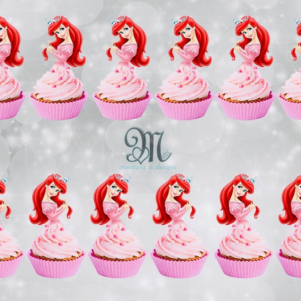 Little Mermaid Ariel Cupcake Toppers, Birthday Party Cupcake Toppers