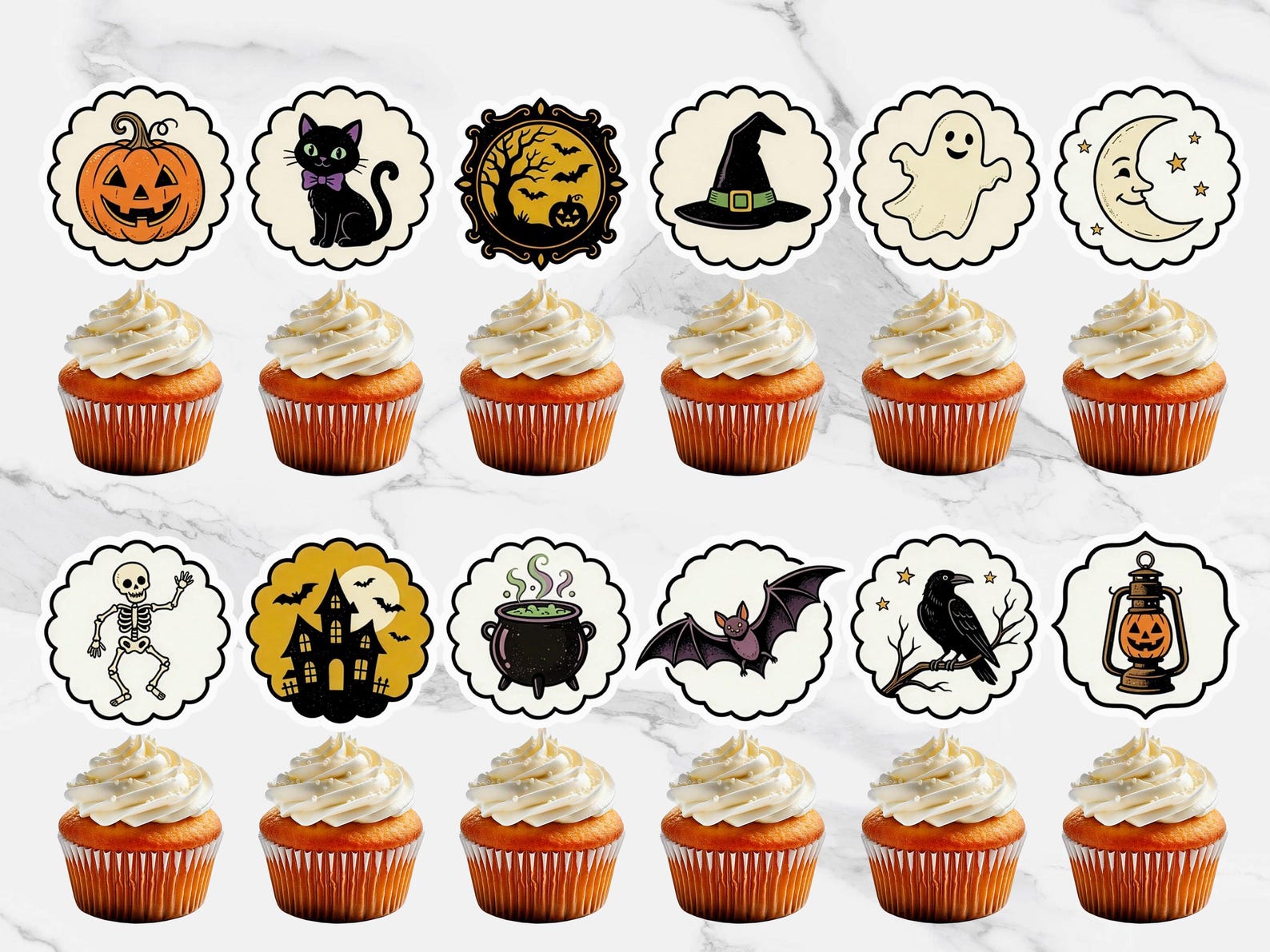 A Scalloped Frame Around Each Character Scalloped circular Halloween topper previews with different characters inside pale centers.