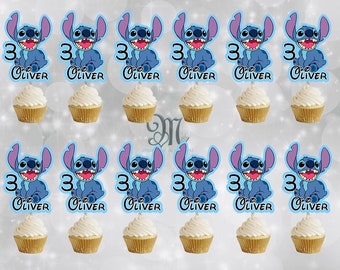 Stitch Custom Name and Age Cupcake Toppers, Birthday Party Cupcake Toppers