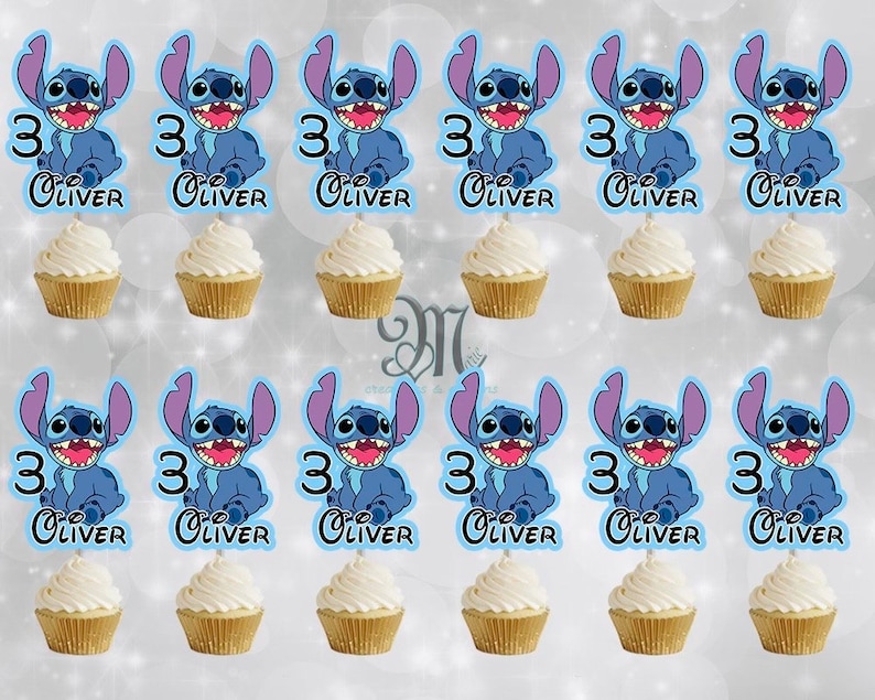May include: Twelve blue and white cupcake toppers featuring Stitch from Lilo & Stitch. Each topper has the number 3 and the name Oliver.