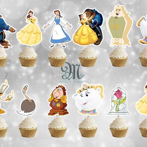 Disney Beauty And The Beast Gold Glitter Double-Sided Cupcake Toppers Set Of 12 