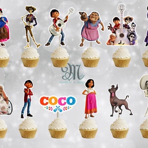May include: A set of 12 cupcake toppers featuring characters from the animated film Coco. The toppers include Miguel, Hector, Dante, Mama Imelda, and more. The toppers are printed on cardstock and are perfect for adding a festive touch to your Coco-themed party.