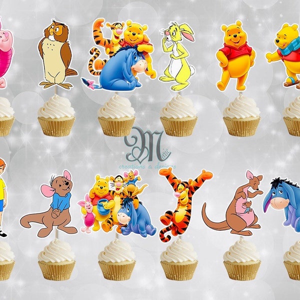 May include: A collection of twelve cupcake toppers featuring various Winnie the Pooh characters including Piglet, Owl, Tigger, Eeyore, Rabbit, and Christopher Robin, each attached to a white stick and placed on a frosted cupcake.