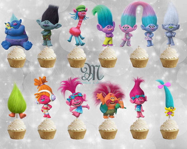 Trolls Cupcake Toppers Birthday Party Cupcake Toppers Etsy