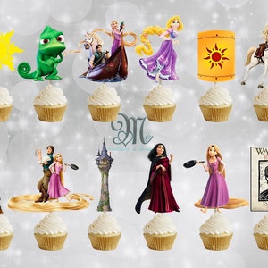 May include: A set of 12 cupcake toppers featuring characters from the Disney movie Tangled. The toppers include Rapunzel, Flynn Rider, Pascal the chameleon, Mother Gothel, the horse Maximus, and the lantern. The toppers are printed on cardstock and are perfect for adding a touch of Disney magic to your next party.