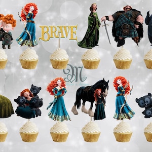 May include: A set of 12 cupcake toppers featuring characters from the animated film Brave. The toppers include Merida, Queen Elinor, King Fergus, the triplets, the bear, and the horse. The toppers are printed on cardstock and have a glossy finish.
