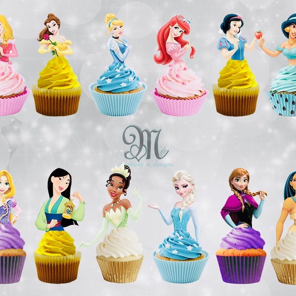 12 Disney Princess Cupcake Toppers, Disney Princesses Cupcake Toppers