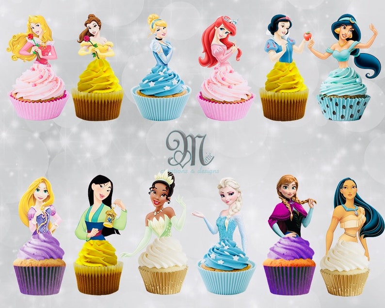 12 Disney Princess Cupcake Toppers, Disney Princesses Cupcake Toppers 