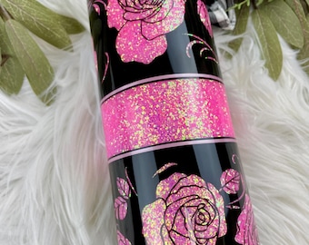 Pink Rose Glitter Tumbler: Floral 20oz Skinny Cup