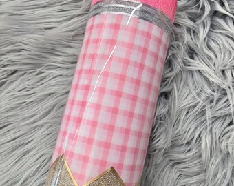 Designer pencil tumbler, pink plaid teacher tumblr cup, buffalo plaid tumblr - 20oz skinny stainless steel glitter mug -Ready To Ship!
