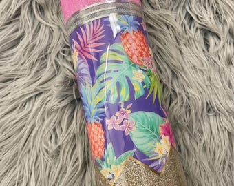 Designer pencil tumbler, Hawaiian print teacher tumblr cup, Monstera leaf tumblr - 20oz skinny stainless steel glitter mug -Ready to Ship!