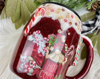 Red Glitter Hot Chocolate Gnome Tumbler: 3D Drip Christmas Mug