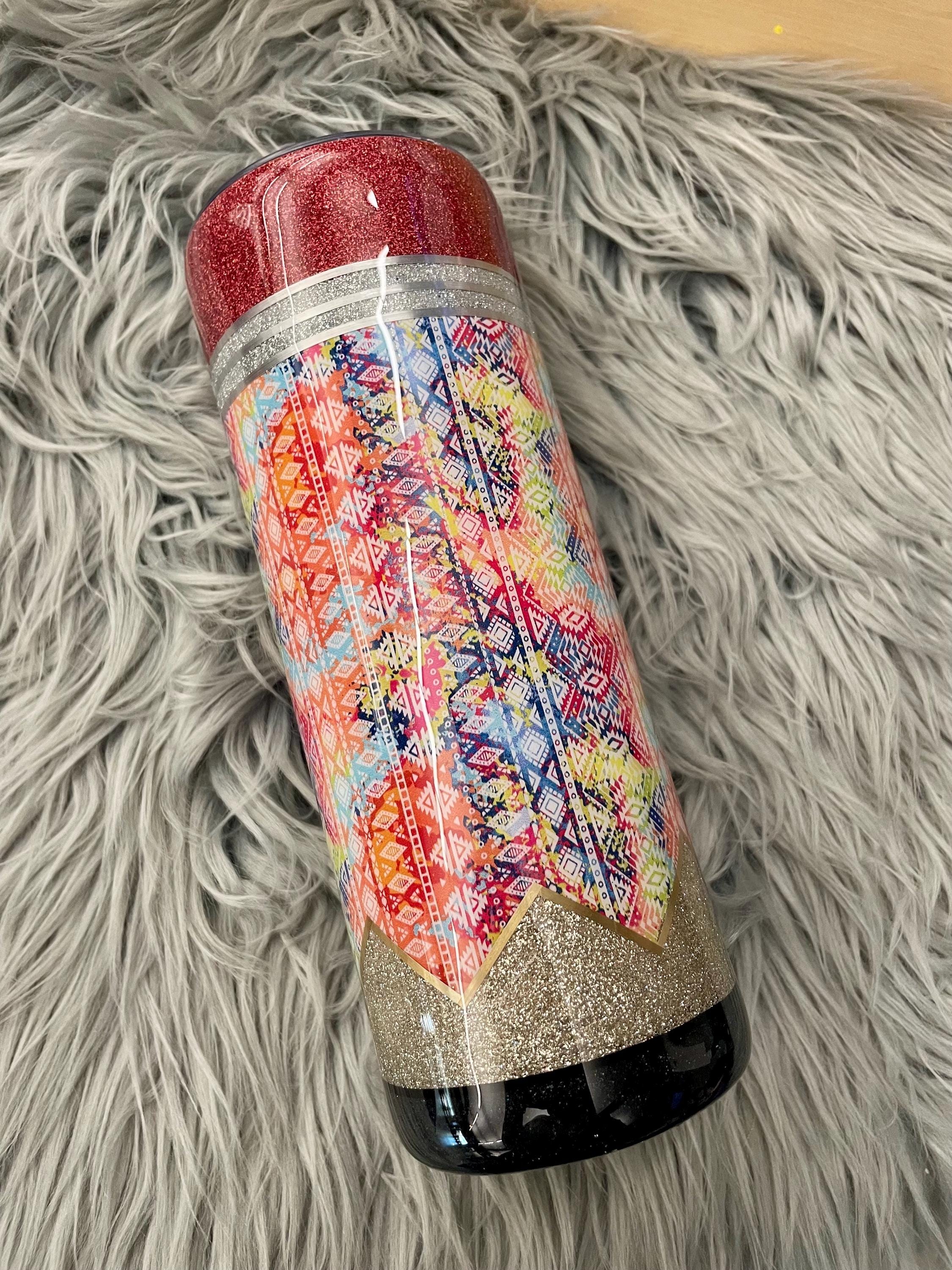 Designer pencil tumbler, Aztec print teacher tumblr cup, boho pattern tumblr - 20oz skinny stainless steel glitter mug -Ready To Ship!