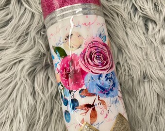 Designer pencil tumbler, floral print teacher tumblr cup, roses bouquet tumblr - 20oz skinny stainless steel glitter mug -Ready to Ship!