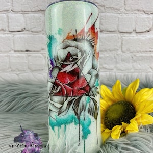 Seaglass Floral Glitter Tumbler: Color Block Coffee Mug, 20oz Skinny