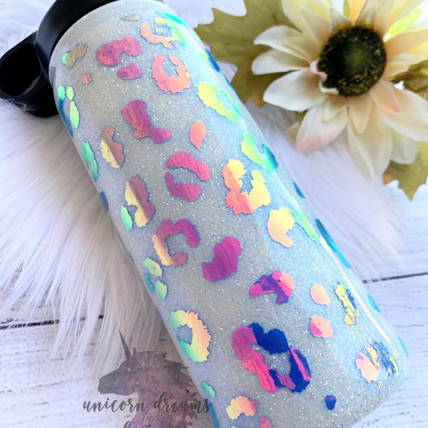White Rainbow Opal Leopard Glitter Tumbler, Stainless Steel Glitter Dipped Tumbler, Personalized