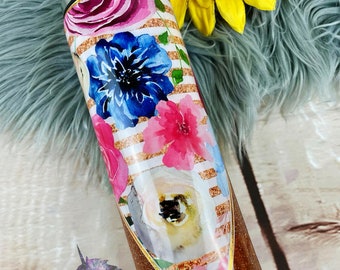 Floral Glitter 20oz Tumbler: Bronze Stripe Flower Cup