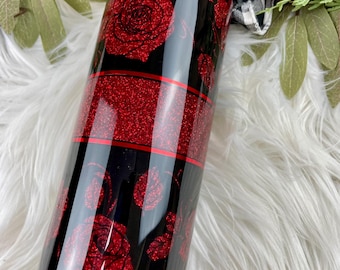 Red Rose Glitter Tumbler: Floral 20oz Skinny Cup