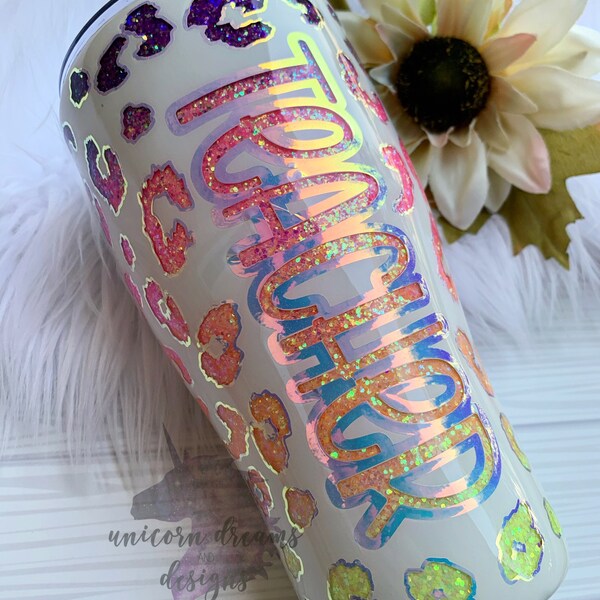 Rainbow Leopard Glitter Peekaboo Tumbler - add your own name! Personalized