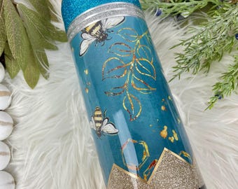 Designer pencil tumbler, honey bee teacher tumblr cup, teal honeycomb tumblr - 20oz skinny stainless steel glitter mug -Ready to Ship!