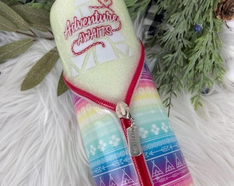 Adventure Awaits Glitter Zipper Tumbler: Rainbow Camping Stainless Steel 20oz Cup