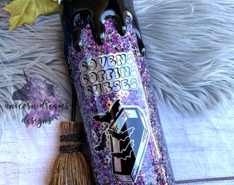 Covens Coffins Curses Tumbler, 3D Halloween Drip Tumbler, Coffee Tumblr, Purple Glitter Cup, Travel Tumbler - 20oz Skinny Ready to Ship!