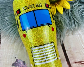 School Bus Tumbler, Bus Driver Tumbler Cup, Yellow Bus School Tumblr - 30oz Curve Stainless Steel Glitter Mug -Ready To Ship!