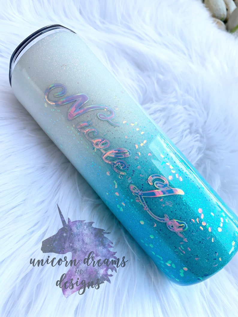 Blue & Green Mermaid Glitter Tumbler, Personalized image 4