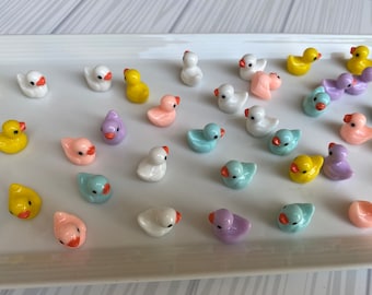 May include: A collection of miniature ceramic duck figurines in various pastel colors, including yellow, pink, blue, purple, and white. Each duck has a small orange beak and black eyes. The ducks are arranged on a white rectangular tray.