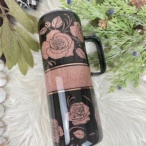 Rose Gold Glitter Tumbler: Floral Personalized Coffee Mug (20oz)