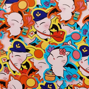 May include: A collection of colorful stickers featuring cartoon characters with wings. The stickers are on a variety of backgrounds, including blue, yellow, and pink. Some of the stickers have hearts, flowers, and other decorative elements.