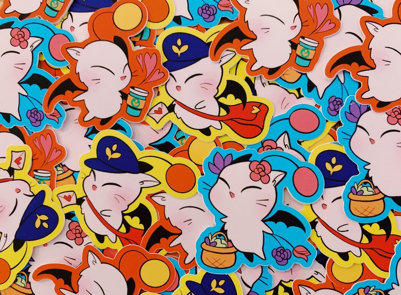 May include: A collection of colorful stickers featuring cartoon characters with wings. The stickers are on a variety of backgrounds, including blue, yellow, and pink. Some of the stickers have hearts, flowers, and other decorative elements.