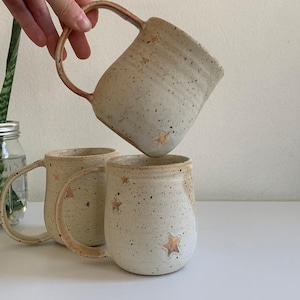 Stars handmade ceramic mug almond, coffee ceramic mug, gold luster