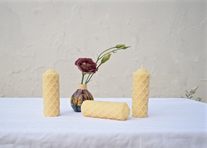 Beeswax Candle Cream Colored Beeswax One Beeswax Candle, Textured Pillar // Candle, Beeswax, Pillar Candle, Eco Friendly image 2