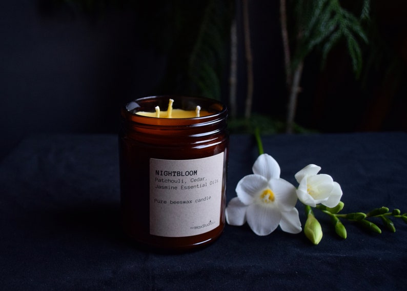 Aromatherapy Beeswax Jar Candle Single Wick Pure Essential Oils // Beeswax Candle Amber Glass Jar Candle 50 hour burn time image 4