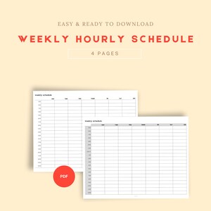 May include: Two printable pages of a weekly hourly schedule planner. The planner is in black and white with a grey header row. The planner is labelled "weekly schedule" and has columns for each day of the week, from Monday to Sunday. The planner has rows for each hour of the day, from 6:00 AM to 10:00 PM.