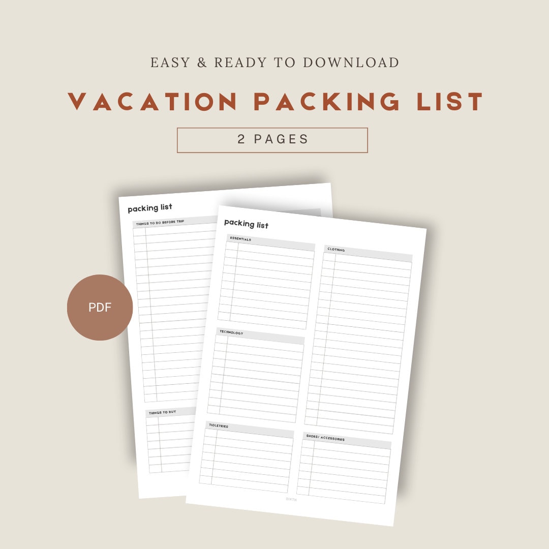 Vacation Packing List | 8.5x11 PDF PRINTABLE | Instant Download | Minimal | Trip Essentials