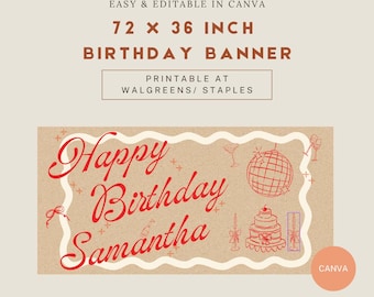 Bearbeitbare Cocktail Geburtstagsbanner Vorlage, 72 x 36 Canva Party Schild (Digitaler Download)