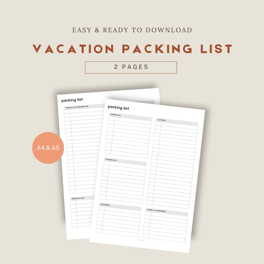 Vacation Packing List | A5, A4 PNG | PRINTABLE | Instant Download ...