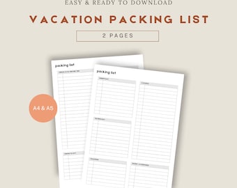 Vacation Packing List | A5, A4 PNG | PRINTABLE | Instant Download | Minimal | Trip Essentials