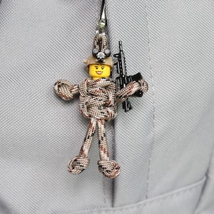 May include: A small, yellow Lego minifigure wearing a camouflage pattern and a helmet, holding a black toy rifle. The minifigure is attached to a zipper pull on a gray backpack.