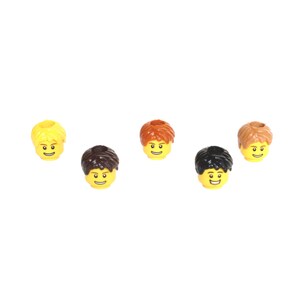 May include: Five Lego minifigure heads with different hairstyles. The heads are yellow with black eyes and smiling mouths. The hairstyles are blonde, brown, black, and two different shades of brown.