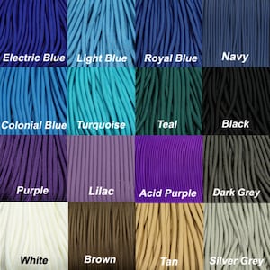 May include: A color chart of 16 different colors of paracord, including electric blue, light blue, royal blue, navy, colonial blue, turquoise, teal, black, purple, lilac, acid purple, dark grey, white, brown, tan, and silver grey.