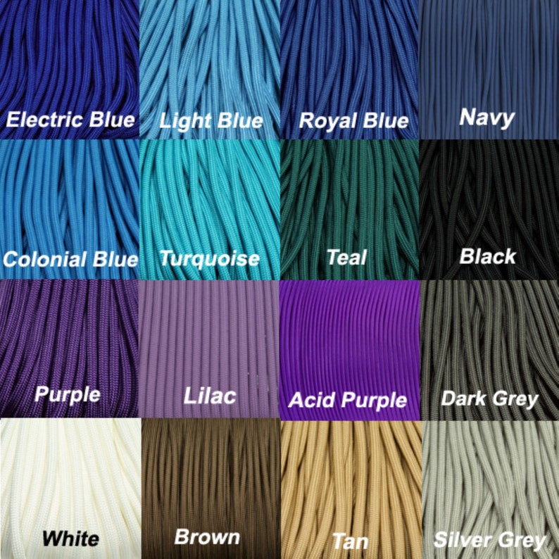 May include: A color chart of 16 different colors of paracord, including electric blue, light blue, royal blue, navy, colonial blue, turquoise, teal, black, purple, lilac, acid purple, dark grey, white, brown, tan, and silver grey.